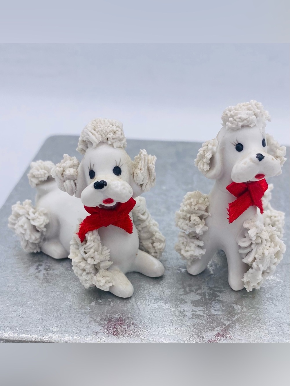 2 Miniature White Spaghetti Poodle Dog Figurines with Red Bow - Kitsch Decor